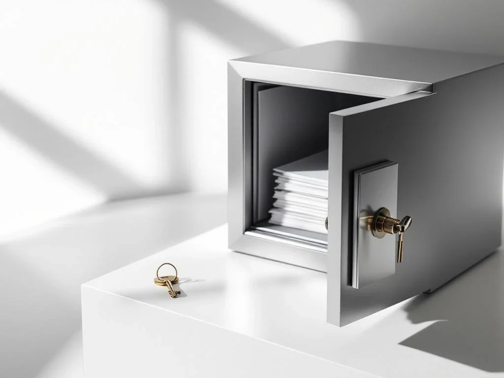 Metallic safe with open door revealing organized legal documents, golden key on white desk with soft lighting
