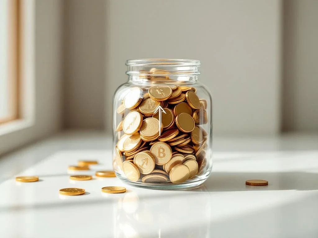 Glass jar filled with golden coins on white desk with upward arrow, symbolizing savings growth and financial success