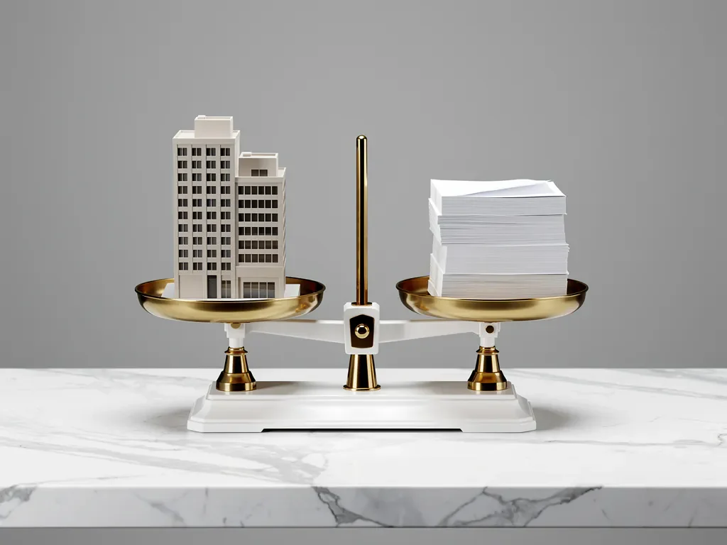 Witte weegschaal met miniatuur kantoorgebouw en documenten op marmeren bureau, gouden en grijze tinten