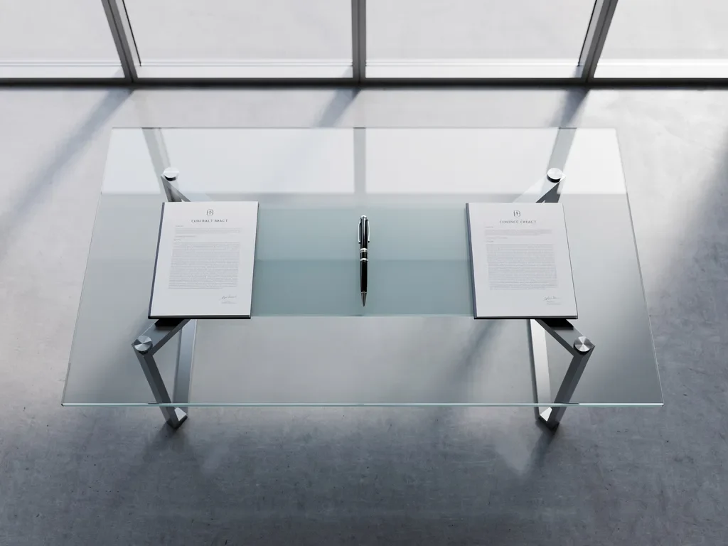 Glazen vergadertafel met twee contractmappen aan weerszijden en vulpen in het midden, moderne boardroom met grote ramen