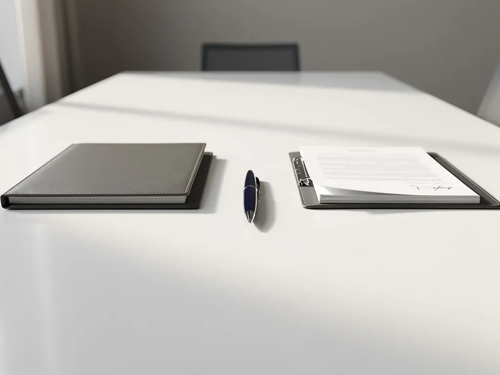 Witte conferentietafel met twee leren documentmappen aan weerszijden, pen ertussen, zachte natuurlijke belichting