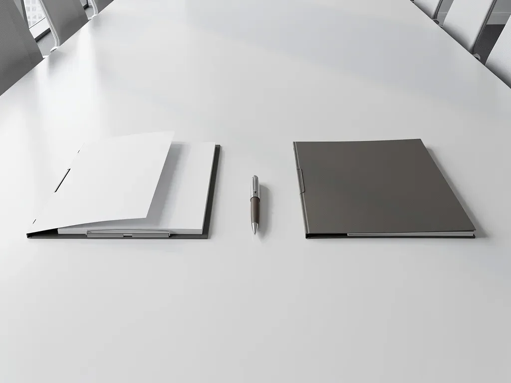 Witte vergadertafel met twee contractmappen aan weerszijden, vulpen ertussen, zachte natuurlijke belichting