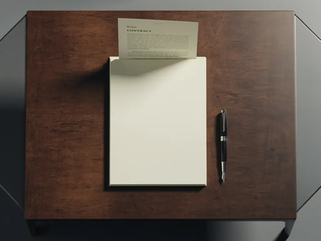 Stapel juridische documenten op mahonie bureau met contract dat naar achteren schuift, vulpen ernaast in minimalistische kantooromgeving