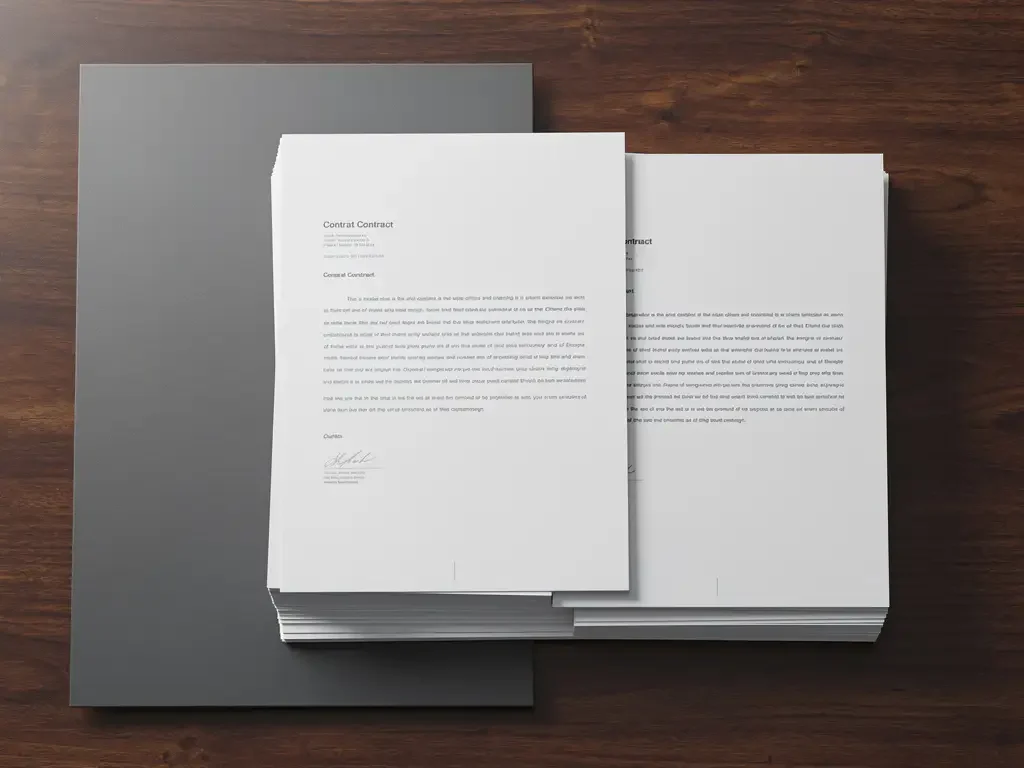Stack of white legal documents on dark wooden conference table with soft shadows and minimalist composition