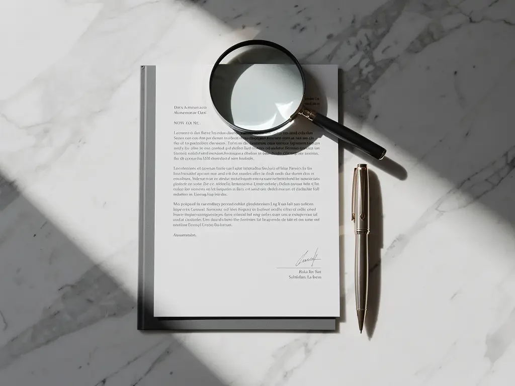 Magnifying glass floats above organised financial documents on white marble desk with fountain pen and soft shadow