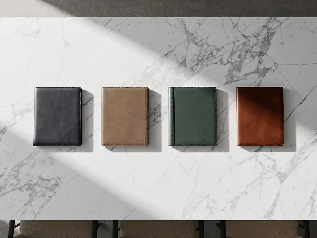 Five leather portfolios in different colours symmetrically arranged on white marble meeting table in minimalist boardroom