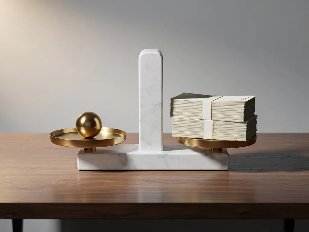 White marble scales with gold sphere and legal documents on walnut desk