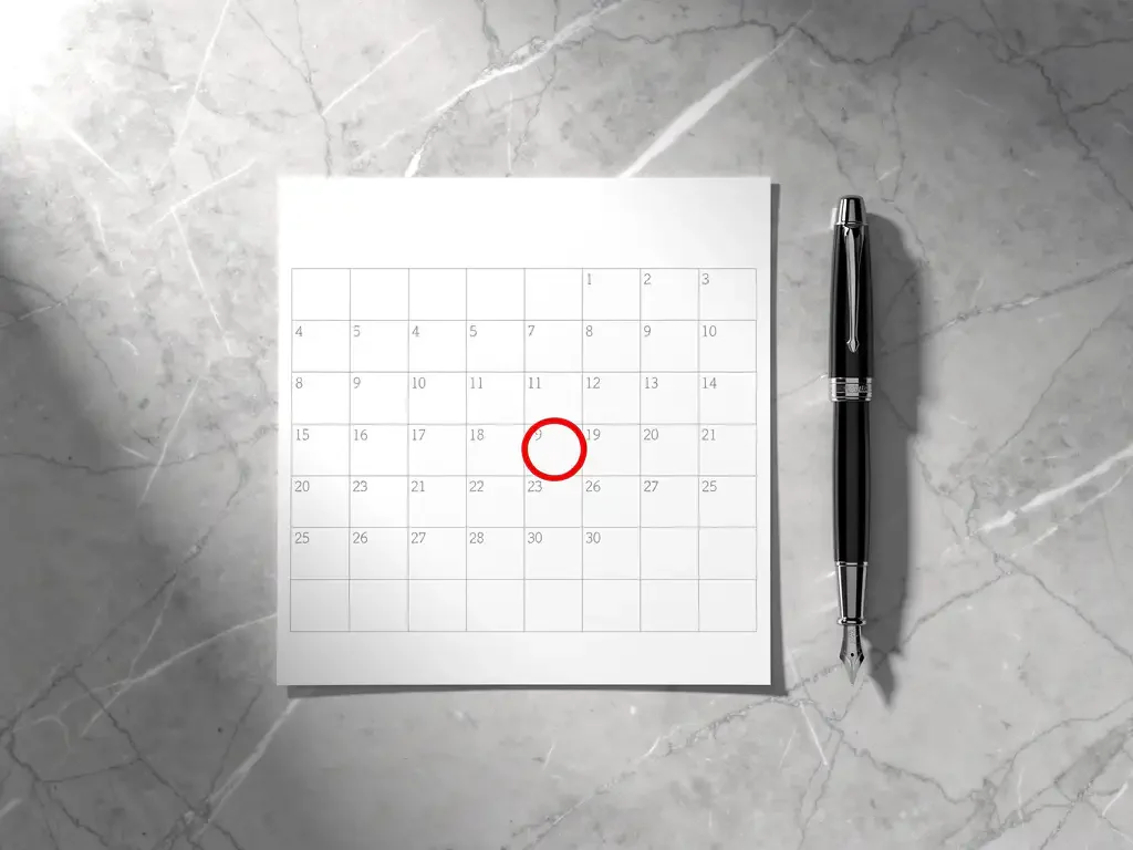 Witte kalender met rode cirkel om datum op marmeren vergadertafel, vulpen ernaast, bovenaanzicht