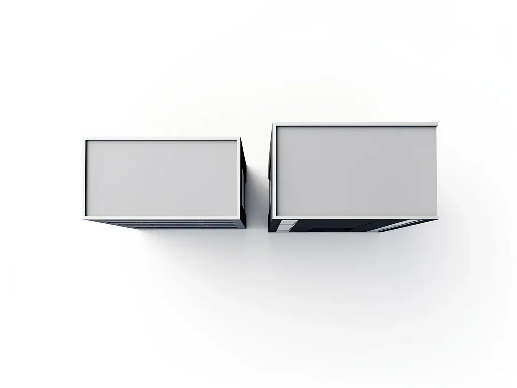 Two identical modern office buildings bend towards each other on white background, minimalist geometric shapes in shades of grey