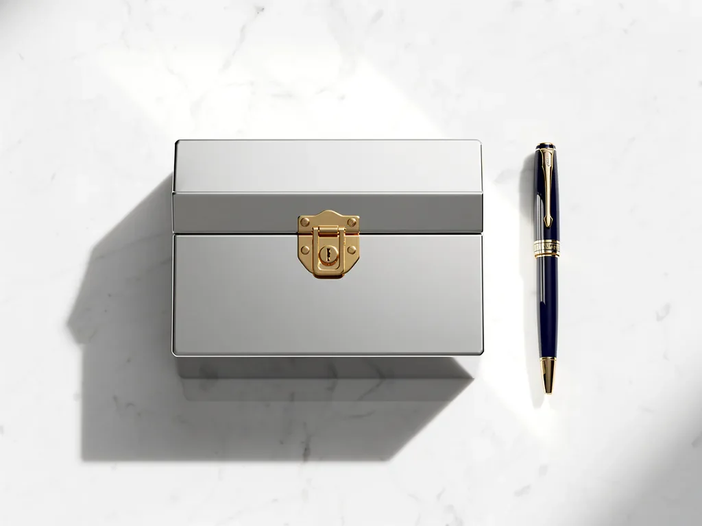 Gepolijste metalen kluis met messing slot op wit marmeren bureau, elegante vulpen ernaast, minimalistisch design