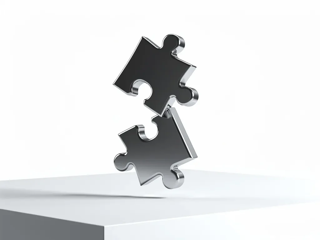 Twee chromen puzzelstukken zweven in de lucht, één stuk past perfect in het andere tegen witte achtergrond