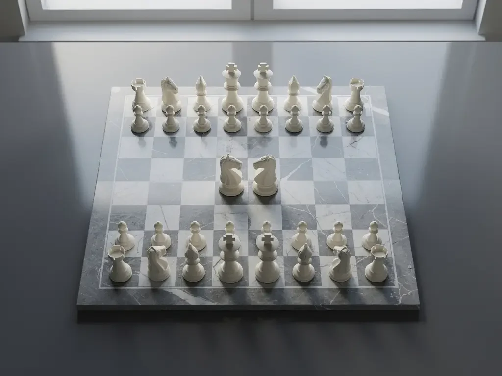 Witte schaakkoningen tegenover elkaar op marmeren schaakbord, strategische zet op gepolijste vergadertafel