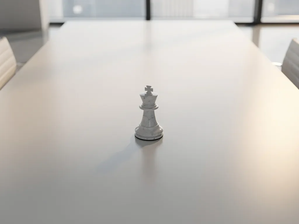Wit marmeren schaakstuk op minimalistische bestuurskamertafel met natuurlijk licht en geometrische symmetrie