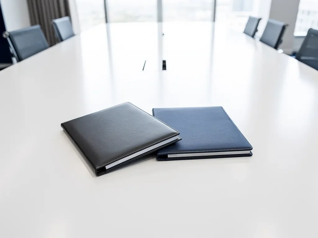 Witte vergadertafel met twee leren portfolio's in moderne boardroom met grote ramen en natuurlijk licht